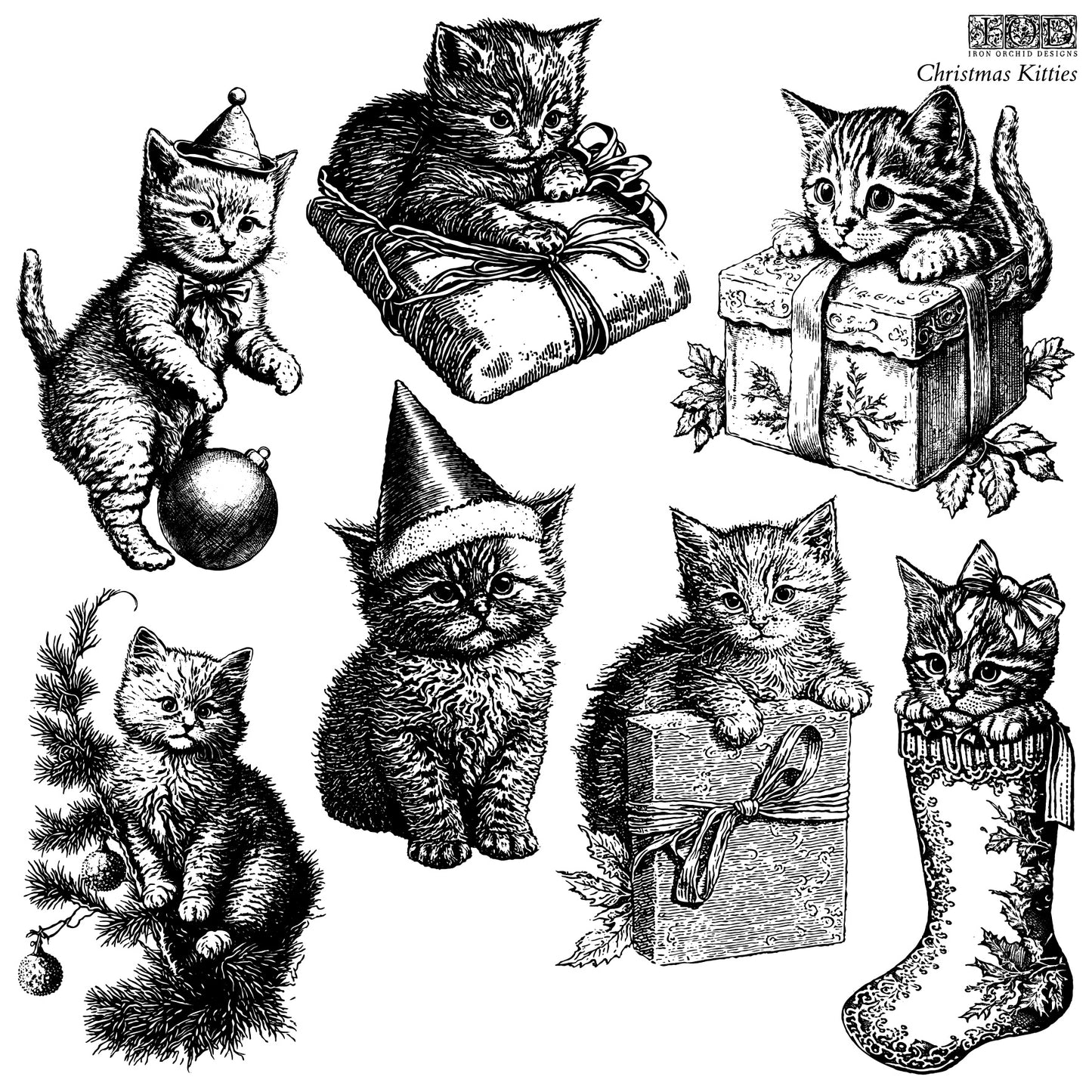 Christmas Kitties 12x12" Decor Stamp *Limited Edition* by Iron Orchid Designs (IOD)