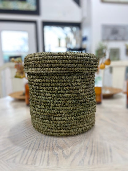 Large Green Natural Fiber Basket with Lid