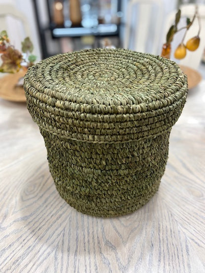 Large Green Natural Fiber Basket with Lid