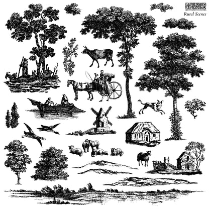 Rural Scenes 12x12" Decor Stamp TWO Sheet Set by Iron Orchid Designs (IOD)