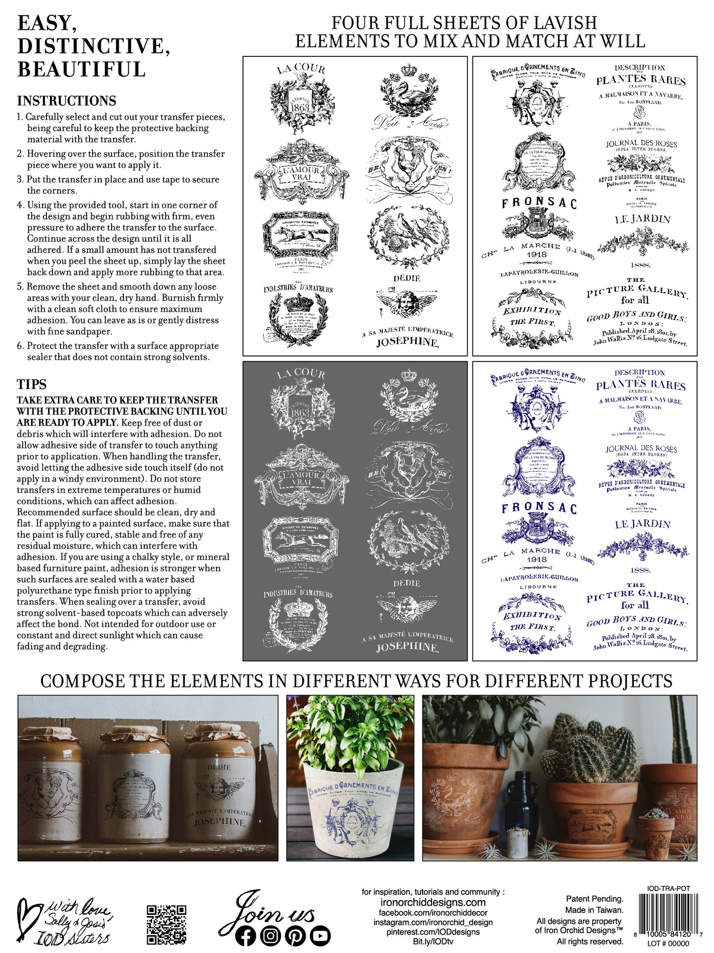 Traditional Pots 12x16" Decor Transfer FOUR Sheet Set by Iron Orchid Designs (IOD)